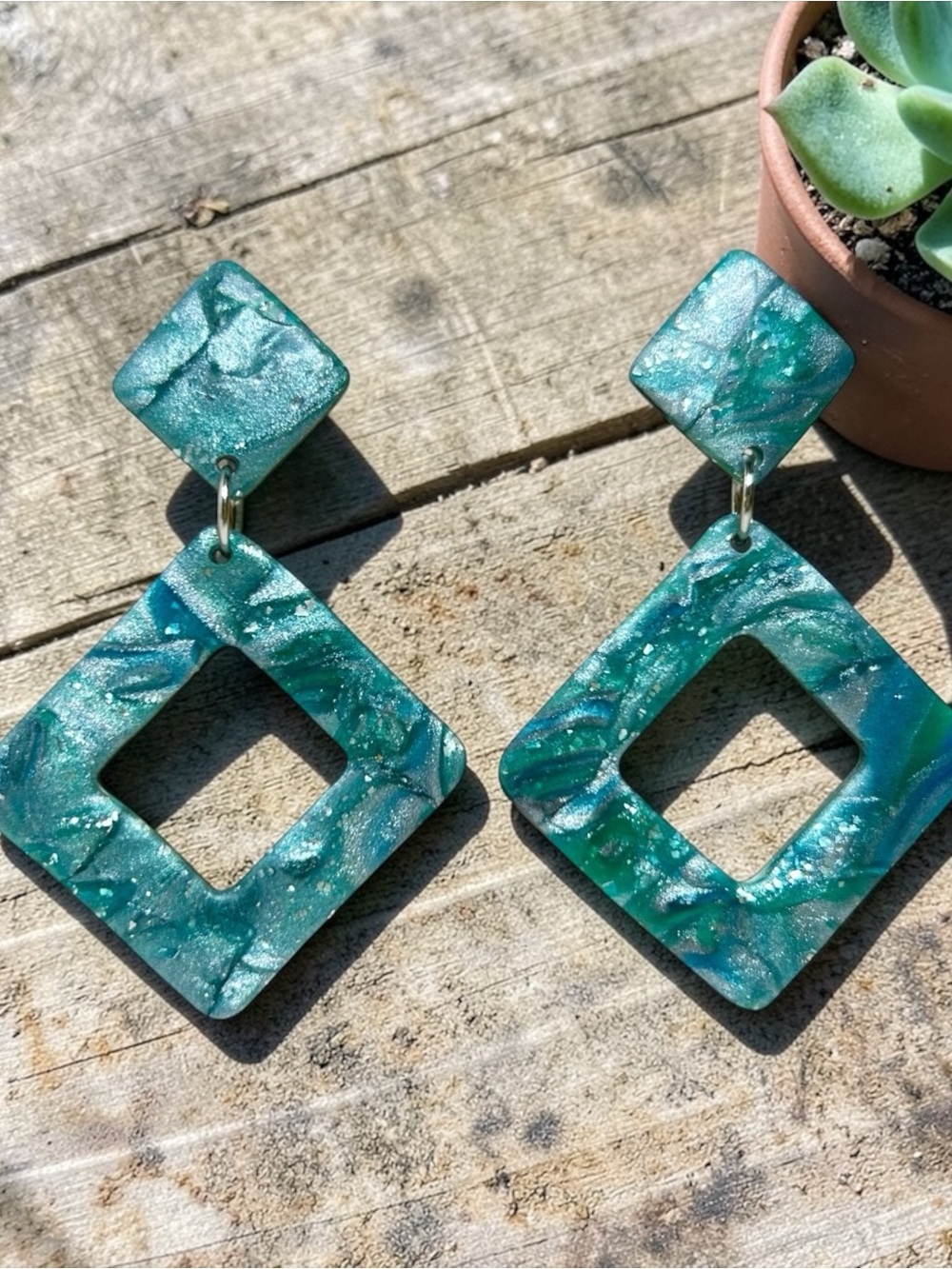 Artisan Blue & Green Large Dangle Polymer Clay Earrings Stainless Steel Posts